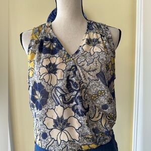 Rachel Roy | Blue & Yellow Floral Sleeveless Faux Wrap Cropped Fit Blouse